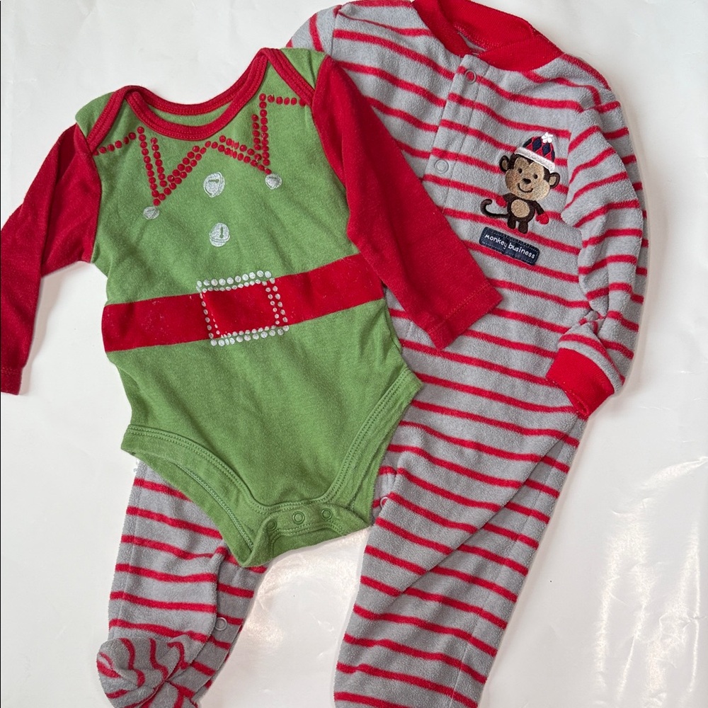 Christmas Baby Clothes 3-6 Footie Pjs elf Onsies